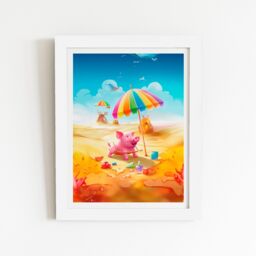 "Warren Reed - Designer Pig On A Beach Holiday Framed Art Print in White - Size: W24"" x H36""" - thumbnail 2