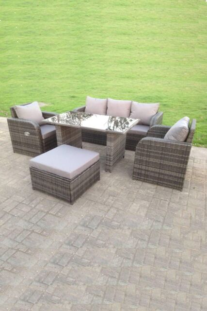 Fimous Rattan Garden Furniture Set Adjustable Chair Sofa Lounge 3 Seater Sofa Rectangular Dining Black Glass Table Footstool in Dark Grey - image 1