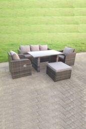 Fimous Rattan Garden Furniture Set Adjustable Chair Sofa Lounge 3 Seater Sofa Rectangular Dining Black Glass Table Footstool in Dark Grey - thumbnail 2