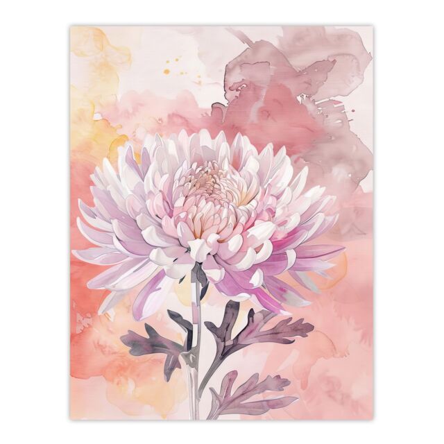 "Artery8 Chrysanthemum Flower Watercolour Pastel Soft Wall Art Print in Pink - Size: W18"" x H24""" - image 1
