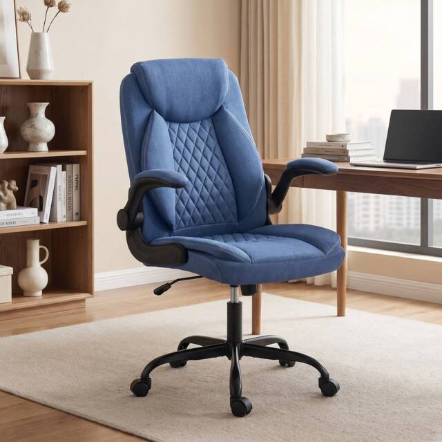 HOMCOM Linen-Look Computer Desk Chair with Thick Cushion in Blue - image 1