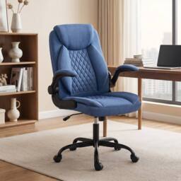 HOMCOM Linen-Look Computer Desk Chair with Thick Cushion in Blue - thumbnail 1
