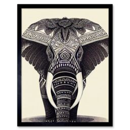 "Artery8 Wall Art Print Of Elephant With Tribal Patterns Black & White Art Framed - Size: W12"" x H16""" - thumbnail 1