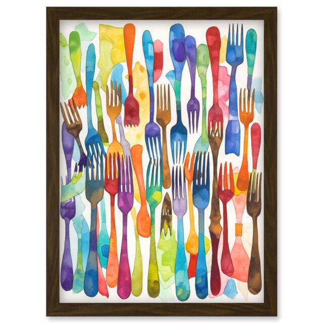Artery8 Cutlery Pattern Multicoloured Forks Watercolour Painting Artwork Framed Wall Art Print A4 in Brown - image 1