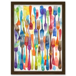 Artery8 Cutlery Pattern Multicoloured Forks Watercolour Painting Artwork Framed Wall Art Print A4 in Brown - thumbnail 1