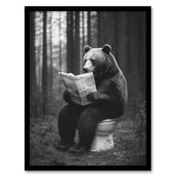 "Artery8 Grizzly Bear Toilet Newspaper Black White Forest Framed Art Print - Size: W12"" x H16""" - thumbnail 1