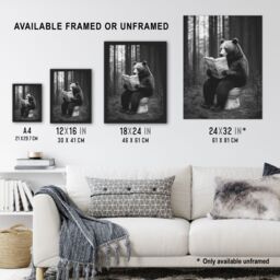 "Artery8 Grizzly Bear Toilet Newspaper Black White Forest Framed Art Print - Size: W12"" x H16""" - thumbnail 3