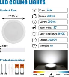 ExtraStar 24W LED Round Surface Mount Integrated Ceiling Light Flush Light Cold White - thumbnail 2