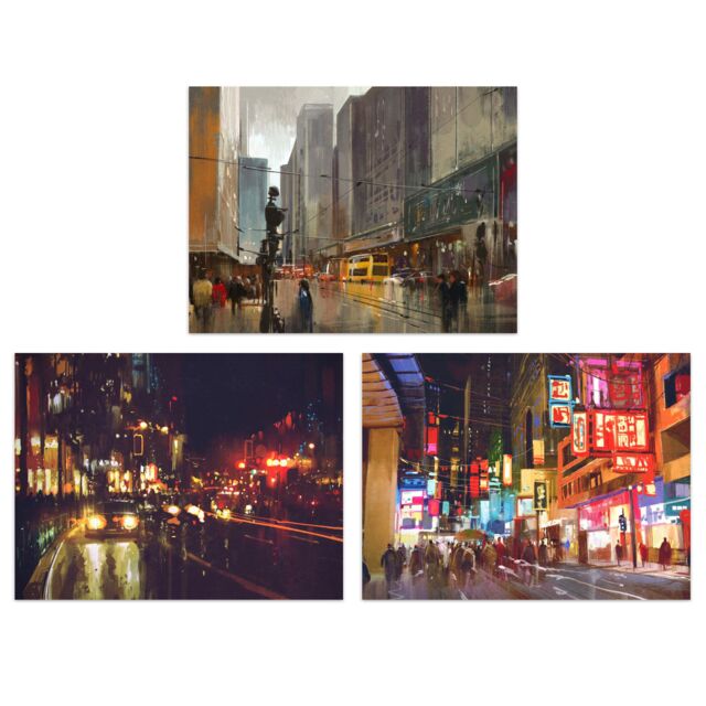 Artery8 Wall Art Print New York London Chinatown Cityscape At Night Set Of 3 s Living Room Aesthetic Oil Paintings A4 - image 1