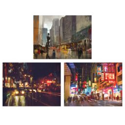 Artery8 Wall Art Print New York London Chinatown Cityscape At Night Set Of 3 s Living Room Aesthetic Oil Paintings A4 - thumbnail 1
