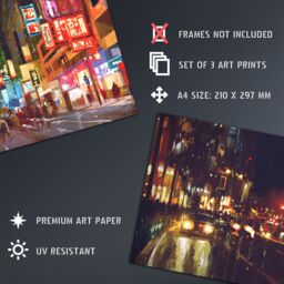 Artery8 Wall Art Print New York London Chinatown Cityscape At Night Set Of 3 s Living Room Aesthetic Oil Paintings A4 - thumbnail 4
