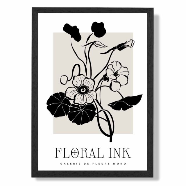 ARTZE Black & Beige Nasturtium Flowers Floral Ink Sketch Framed Print SIZE: A3 with Black Frame - Size: A4 - image 1