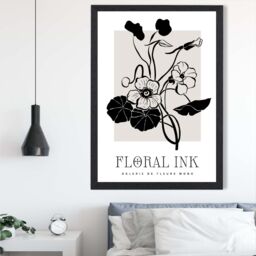 ARTZE Black & Beige Nasturtium Flowers Floral Ink Sketch Framed Print SIZE: A3 with Black Frame - Size: A4 - thumbnail 2