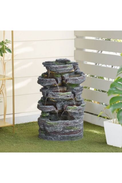 H&O Direct Outdoor Faux Rock Water Fountain with Lights in Grey - image 1