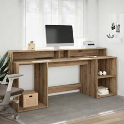 Berkfield Home Desk with LED Lights Artisian Oak 200x55x91 cm Engineered Wood in Brown - Size: 200 x 55 x 91 cm - thumbnail 2