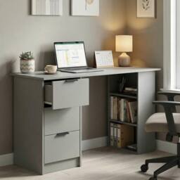 FORGEVIO Computer Writing Desk with 3 Drawers 3 Shelves Home Office Grey - thumbnail 5