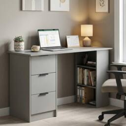 FORGEVIO Computer Writing Desk with 3 Drawers 3 Shelves Home Office Grey - thumbnail 3