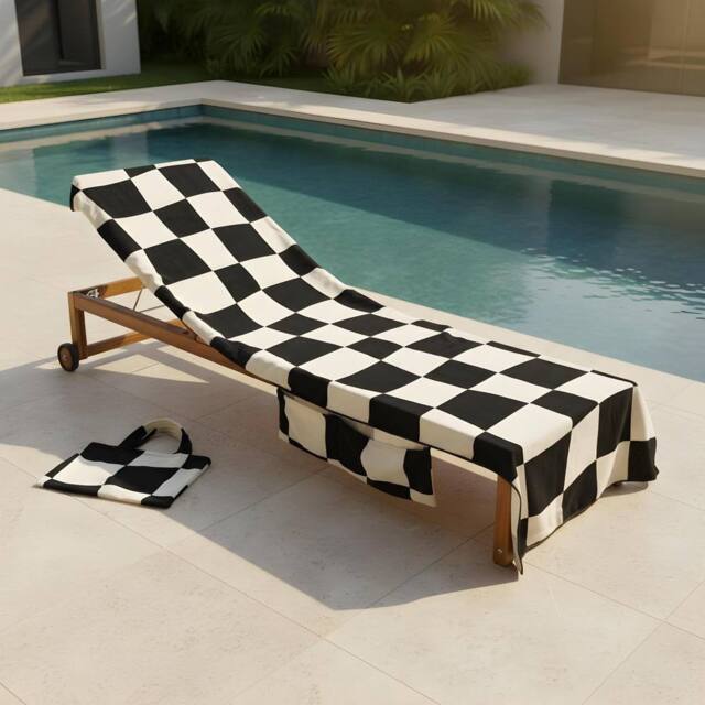 OHS Checkerboard Beach Towel with Bag Quick Dry Absorbent Travel Spa in Black - image 1