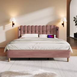 ModernLuxe Upholstered bed with USB-C & wooden slatted frame in Pink - Size: Double - thumbnail 9
