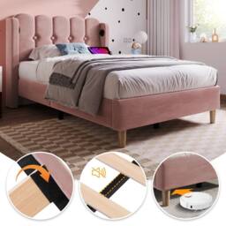 ModernLuxe Upholstered bed with USB-C & wooden slatted frame in Pink - Size: Double - thumbnail 6