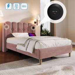 ModernLuxe Upholstered bed with USB-C & wooden slatted frame in Pink - Size: Double - thumbnail 4