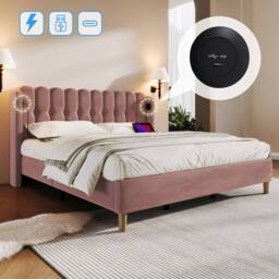 ModernLuxe Upholstered bed with USB-C & wooden slatted frame in Pink - Size: Double - thumbnail 5