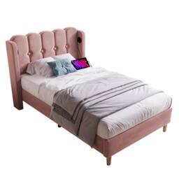 ModernLuxe Upholstered bed with USB-C & wooden slatted frame in Pink - Size: Double - thumbnail 8