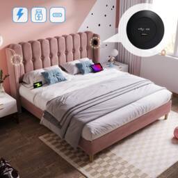 ModernLuxe Upholstered bed with USB-C & wooden slatted frame in Pink - Size: Double