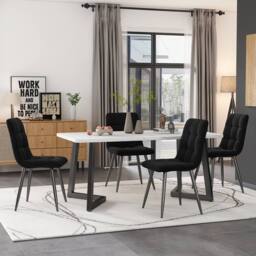 Fascinate Marble Pattern Rectangular Dining Table - Metal Frame, Black & White - thumbnail 1