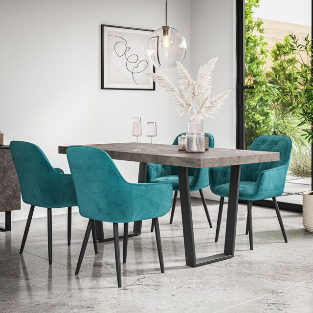 More4Homes Aria Dining Table & Chairs - Concrete Effect Table Top w Black Legs + Anika Velvet Dining Chair Set Of 6 in Blue - image 1