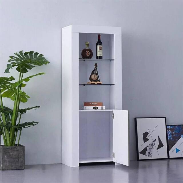 SPETLEK High Gloss White Tall Display Cabinet with LED Lights Storage - image 1