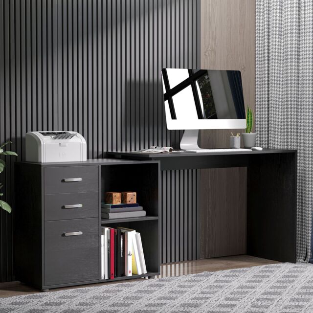 HOMCOM Computer Desk Table Workstation L Shape Drawer Shelf File Cabinet in Black - image 1