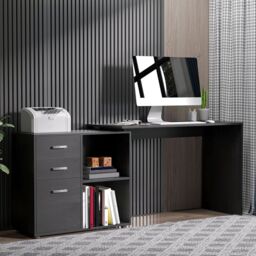 HOMCOM Computer Desk Table Workstation L Shape Drawer Shelf File Cabinet in Black - thumbnail 1