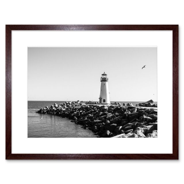 "Artery8 Wall Art Print Lighthouse Rocks Ocean BW Living Room Home Framed in Brown - Size: W7"" x H9""" - image 1