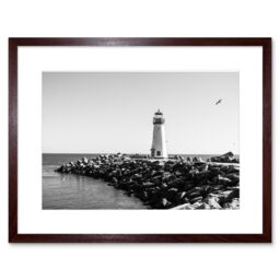 "Artery8 Wall Art Print Lighthouse Rocks Ocean BW Living Room Home Framed in Brown - Size: W7"" x H9""" - thumbnail 1