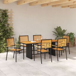 Berkfield Home 7 Piece Garden Dining Set Black Poly Rattan Acacia - thumbnail 4