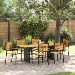 Berkfield Home 7 Piece Garden Dining Set Black Poly Rattan Acacia - thumbnail 1