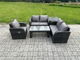Fimous 5 Seater Garden Furniture set Rattan Outdoor Lounge Sofa Table Chair With Tempered Glass Table Dark Grey Mixed - thumbnail 2