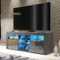 Mex Furniture LTD TV Unit with LED Lighting & Gloss Doors / 145cm in Dark Grey