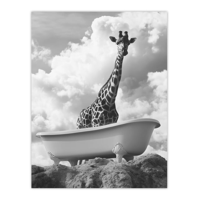 "Artery8 Giraffe in Bathtub on a Hill Black White Surreal Wall Art Print in Grey - Size: W12"" x H16""" - image 1