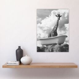 "Artery8 Giraffe in Bathtub on a Hill Black White Surreal Wall Art Print in Grey - Size: W12"" x H16""" - thumbnail 4