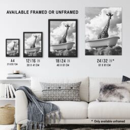 "Artery8 Giraffe in Bathtub on a Hill Black White Surreal Wall Art Print in Grey - Size: W12"" x H16""" - thumbnail 3