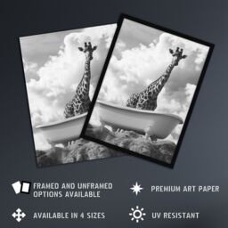 "Artery8 Giraffe in Bathtub on a Hill Black White Surreal Wall Art Print in Grey - Size: W12"" x H16""" - thumbnail 2