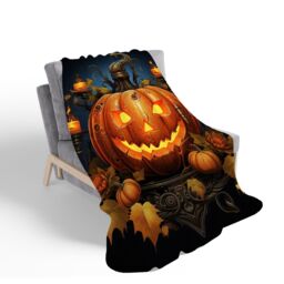 Warren Reed - Designer Spooy Pumpkin & Small Candles Sherpa Blanket in Orange - Size: Large - thumbnail 2