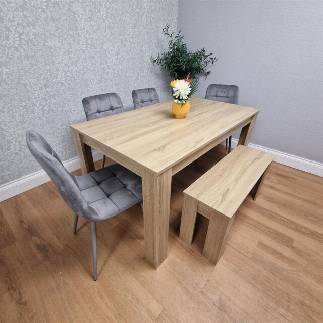 KOSY KOALA Oak Effect Dining Table Set With 4 Grey Velvet Chairs & Bench Dining Room Furniture in Brown - image 1
