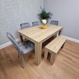 KOSY KOALA Oak Effect Dining Table Set With 4 Grey Velvet Chairs & Bench Dining Room Furniture in Brown - thumbnail 1
