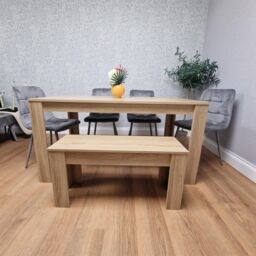 KOSY KOALA Oak Effect Dining Table Set With 4 Grey Velvet Chairs & Bench Dining Room Furniture in Brown - thumbnail 4