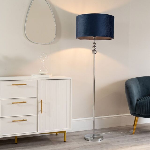 ValueLights Marissa Velvet Drum Shade with Chrome Stacked Ball Floor Lamp in Navy - image 1
