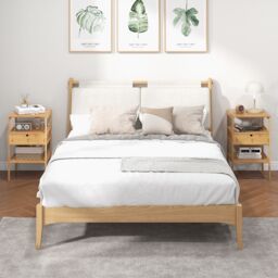Costway Set of 2 Bamboo Nightstand 3 Tiers Bedside Table with Storage Drawer in Natural - thumbnail 4