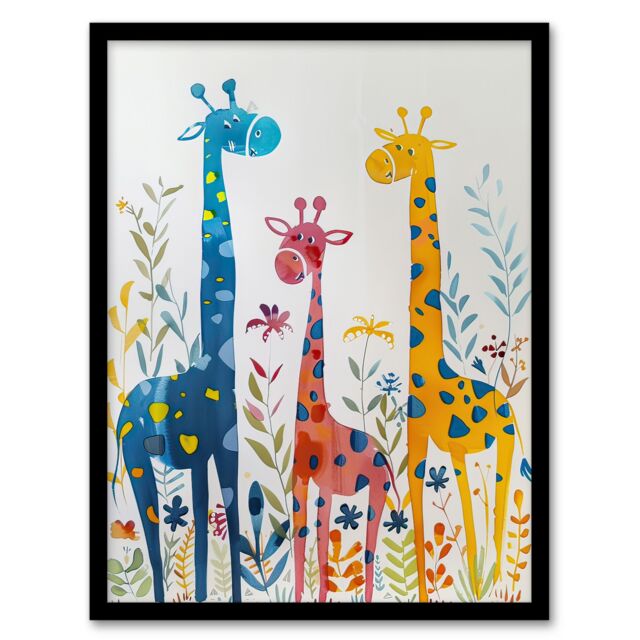 Artery8 Cute Giraffe Family Blue Orange Pink Watercolour Framed Wall Art - Size: A4 - image 1